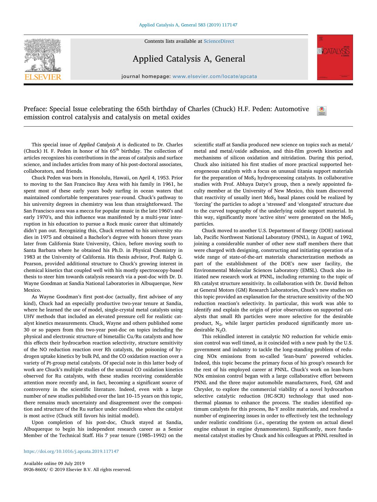 Preface_ Special Issue celebrating the 65th birthday of Charles (Chuck) H.F. Peden_ Automotive emission control catalysis and catalysis on metal oxides by János Szanyi & Feng Gao
