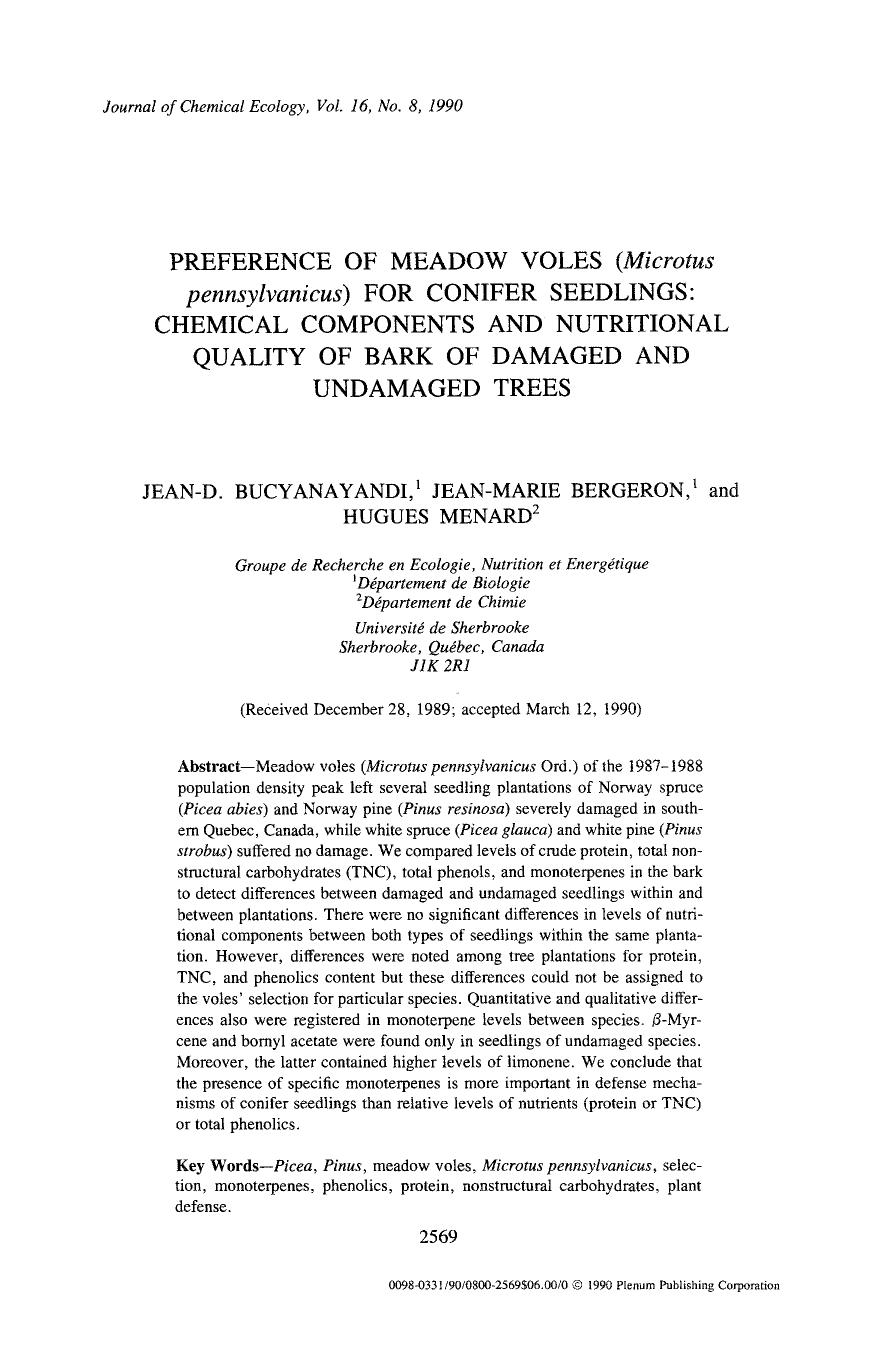 Preference of meadow voles ( <Emphasis Type="Italic">Microtus pennsylvanicus <Emphasis>) for conifer seedlings: Chemical components and nutritional quality of bark of damaged and undamaged trees by Unknown