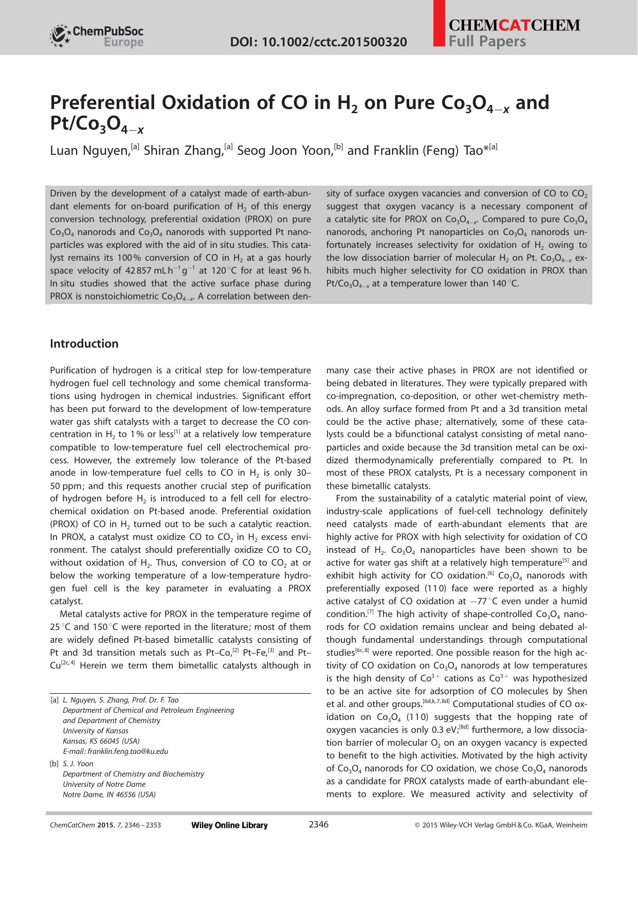 Preferential Oxidation of CO in H2 on Pure Co3O4x and PtCo3O4x by Unknown