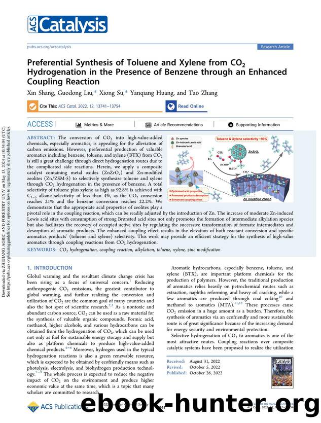 Preferential Synthesis of Toluene and Xylene from CO2 Hydrogenation in the Presence of Benzene through an Enhanced Coupling Reaction by Xin Shang Guodong Liu Xiong Su Yanqiang Huang & Tao Zhang