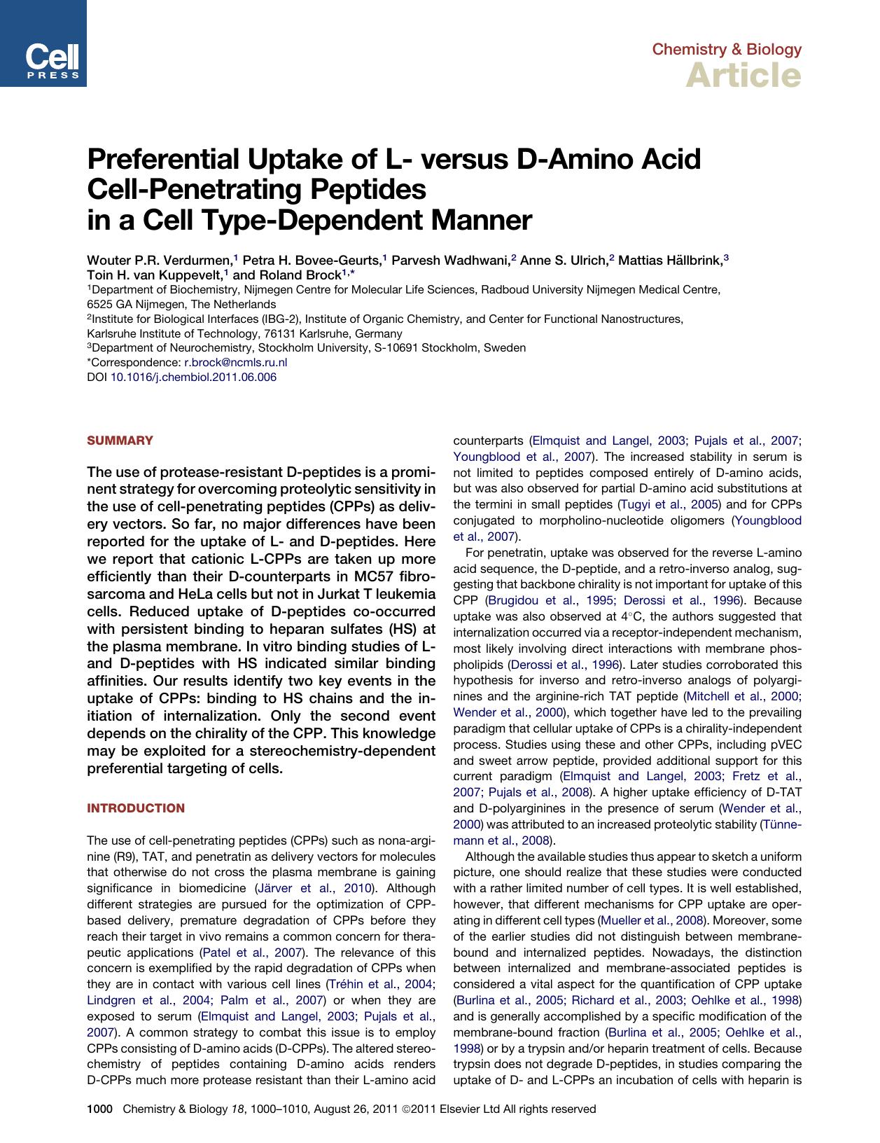 Preferential Uptake of L- versus D-Amino Acid Cell-Penetrating Peptides in a Cell Type-Dependent Manner by unknow