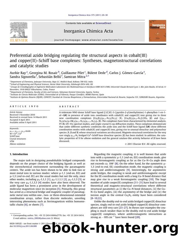 Preferential azido bridging regulating the structural aspects in cobalt(III) and copper(II)Ã¢â¬âSchiff base complexes: Syntheses, magnetostructural correlations and catalytic studies by unknow