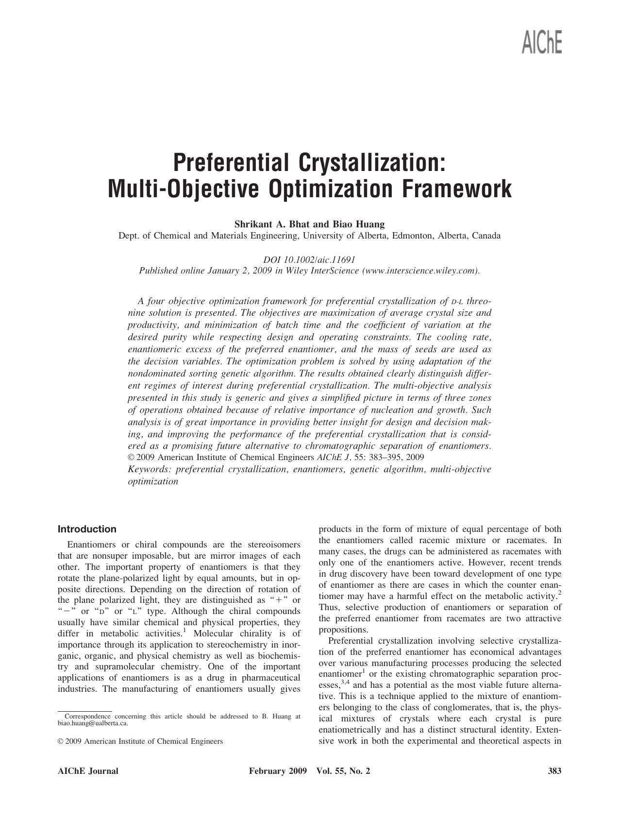 Preferential crystallization: Multi-objective optimization framework by Unknown