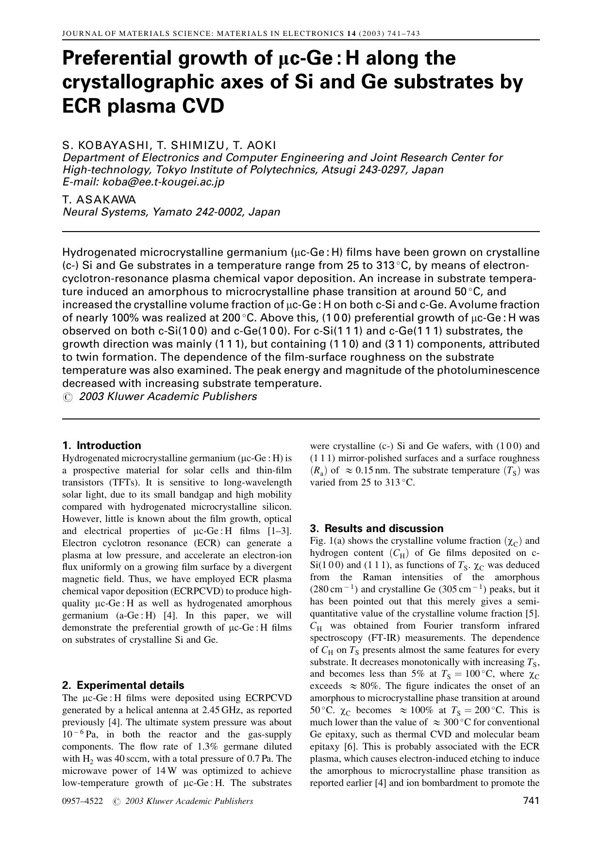 Preferential growth of μc-Ge : H along the crystallographic axes of Si and Ge substrates by ECR plasma CVD by Unknown