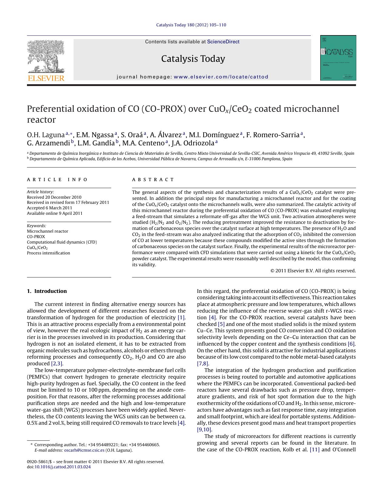 Preferential oxidation of CO (CO-PROX) over CuOxCeO2 coated microchannel reactor by O.H. Laguna