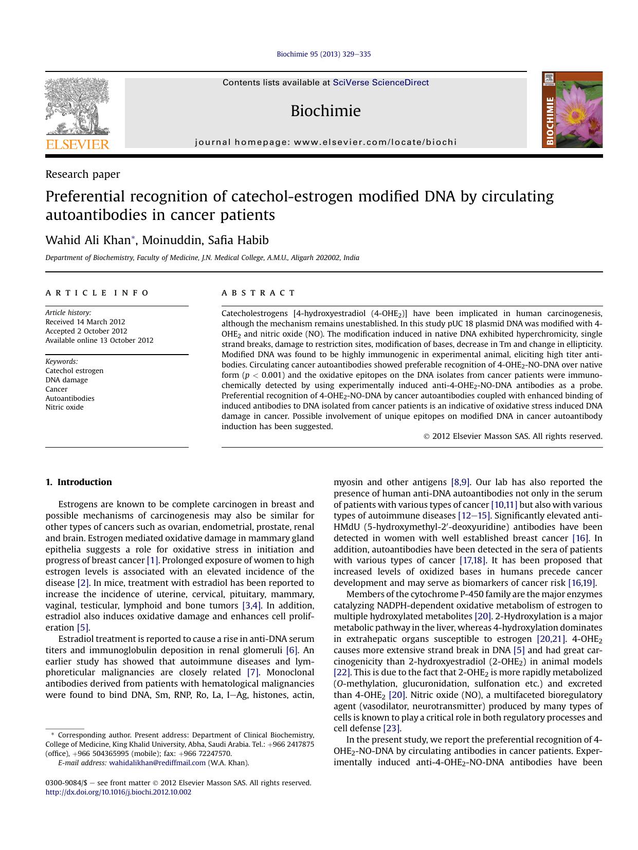 Preferential recognition of catechol-estrogen modified DNA by circulating autoantibodies in cancer patients by Wahid Ali Khan & Moinuddin & Safia Habib