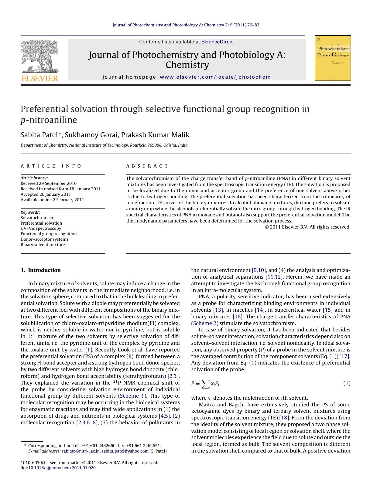 Preferential solvation through selective functional group recognition in p-nitroaniline by Sabita Patel