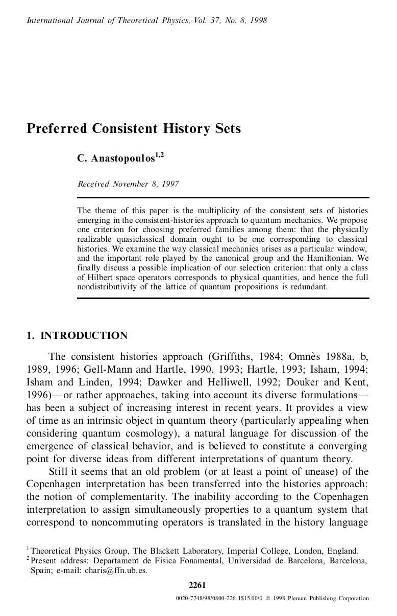 Preferred Consistent History Sets by Unknown