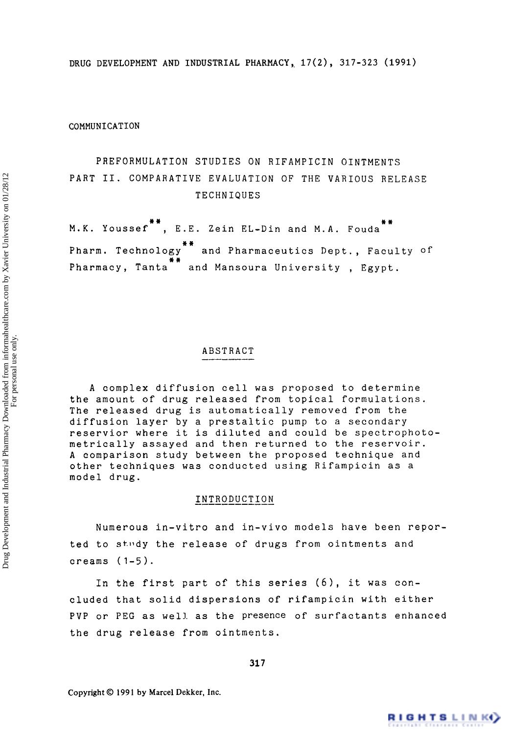 Preformulation studies on rifampicin ointments part II. Comparative evaluation of the various release techniques by M. K. Youssef E. E. Zein El-Din & M. A. Fouda