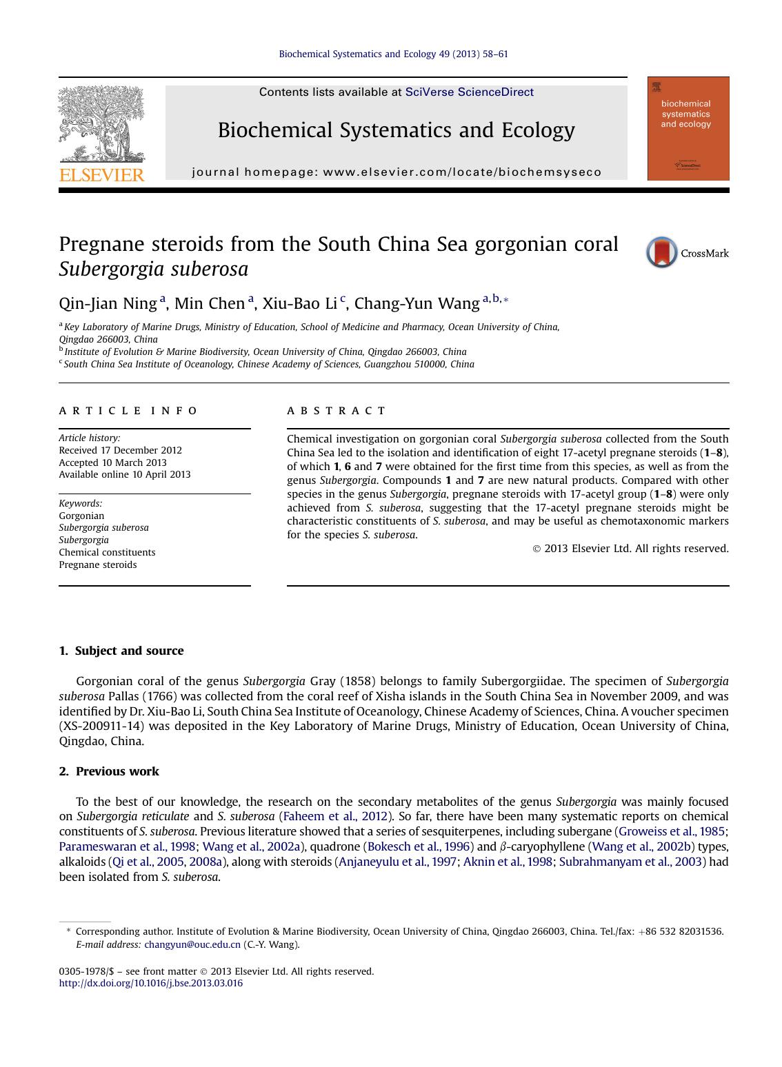 Pregnane steroids from the South China Sea gorgonian coral Subergorgia suberosa by Qin-Jian Ning & Min Chen & Xiu-Bao Li & Chang-Yun Wang