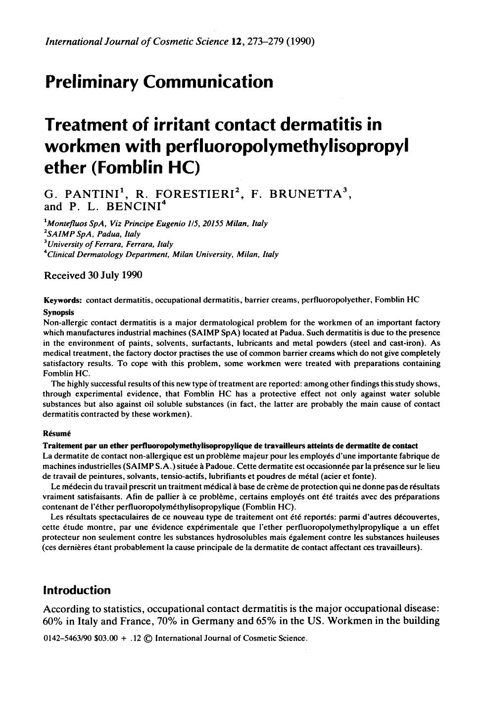 Preliminary Communication: Treatment of irritant contact dermatitis in workmen with perfluoropolymethylisopropyl ether (Fomblin HC) by Unknown