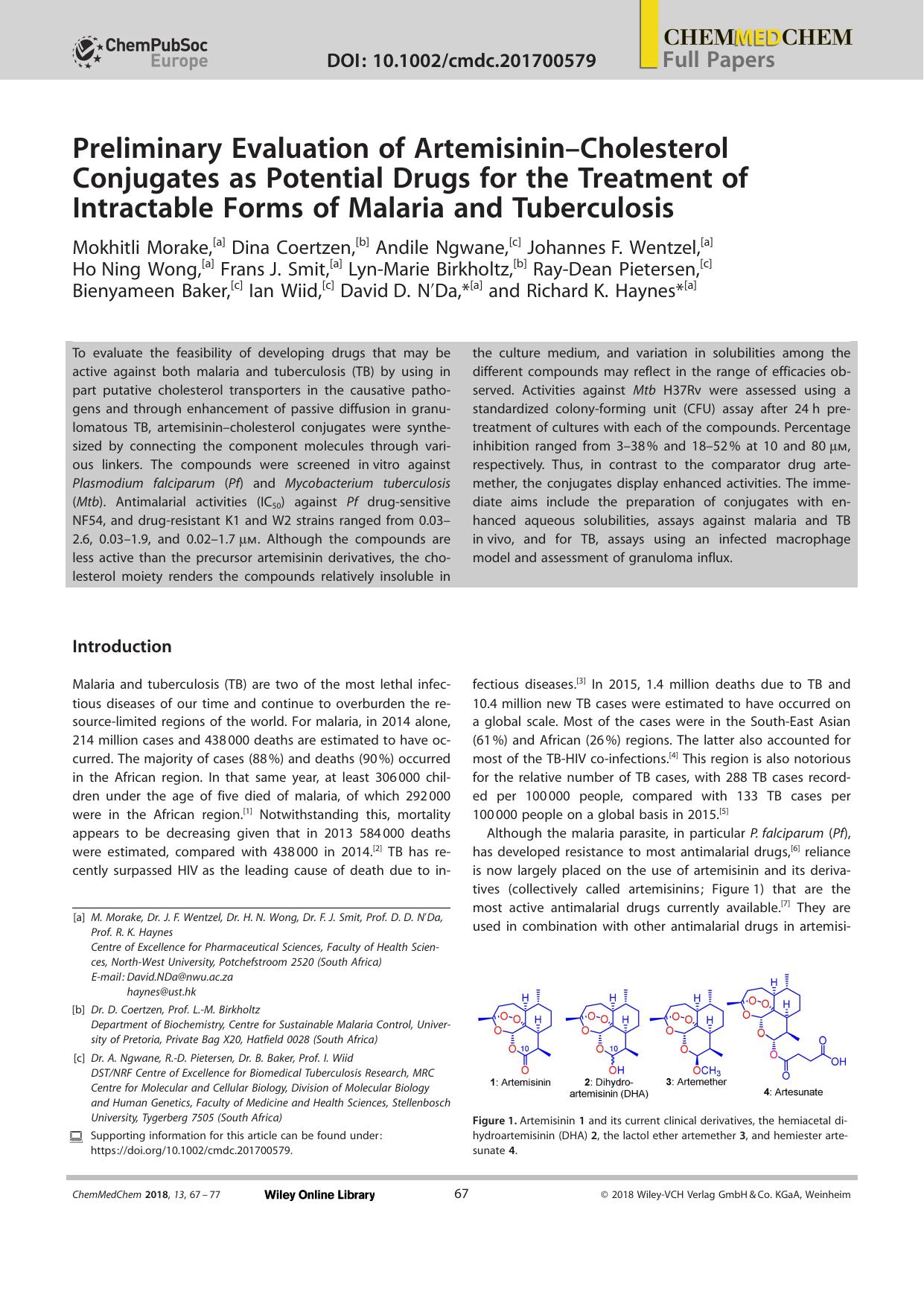 Preliminary Evaluation of ArtemisininâCholesterol Conjugates as Potential Drugs for the Treatment of Intractable Forms of Malaria and Tuberculosis by Unknown
