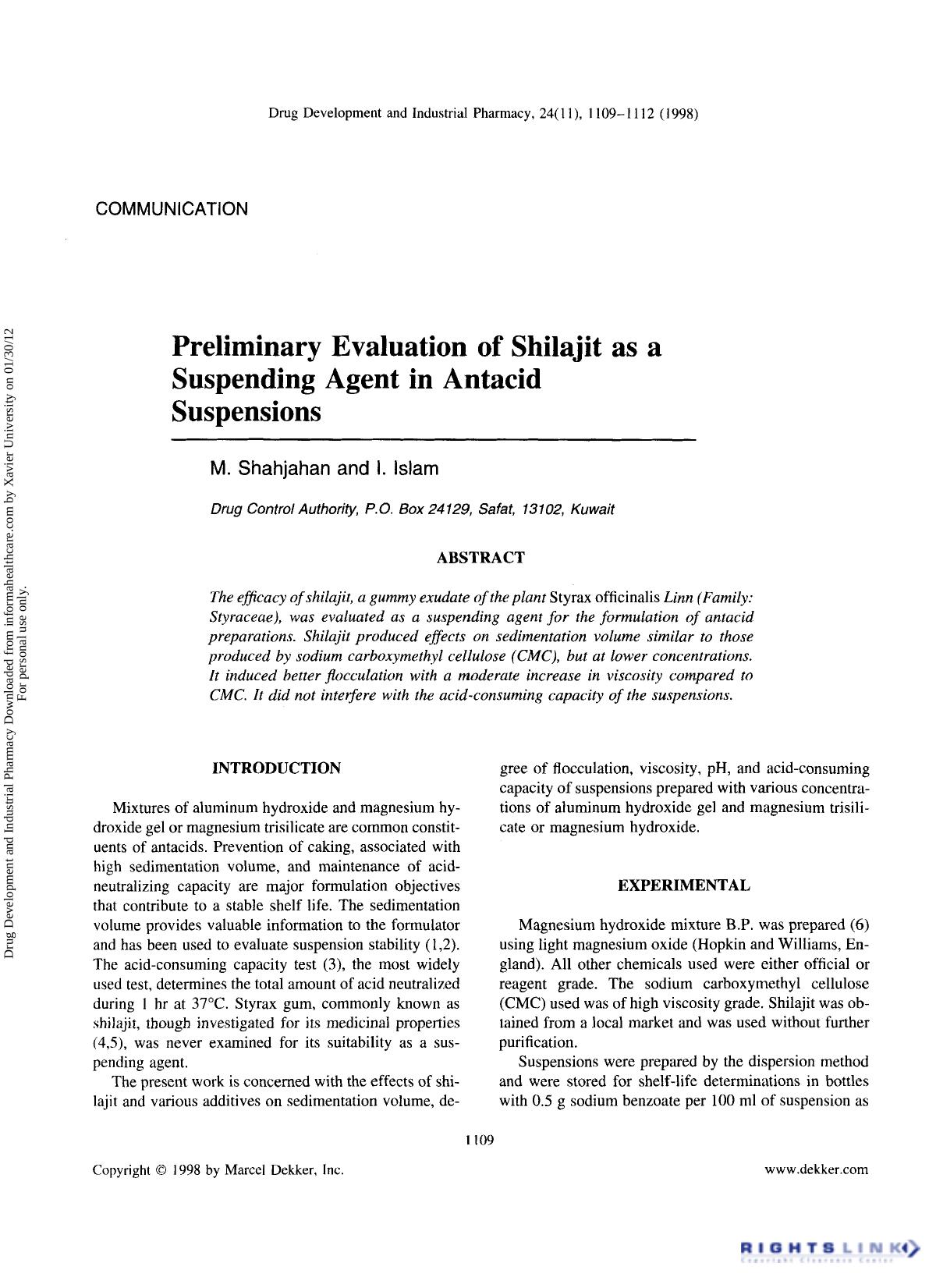 Preliminary Evaluation of Shilajit as a Suspending Agent in Antacid Suspensions by M. Shahjahan & I. Islam