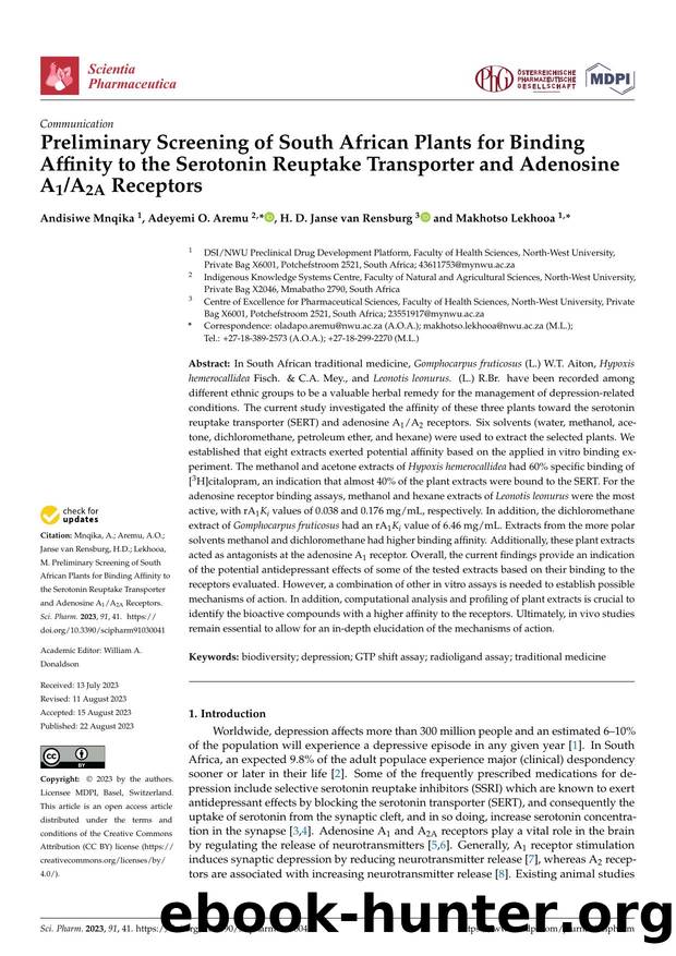 Preliminary Screening of South African Plants for Binding Affinity to the Serotonin Reuptake Transporter and Adenosine A1A2A Receptors by Andisiwe Mnqika Adeyemi O. Aremu H. D. Janse van Rensburg & Makhotso Lekhooa