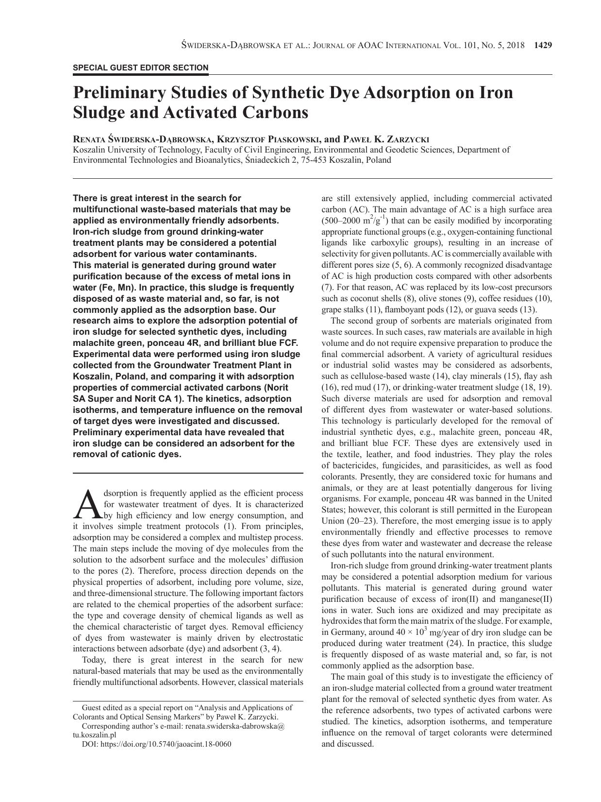 Preliminary Studies of Synthetic Dye Adsorption on Iron Sludge and Activated Carbons by Renata & Sacute;widerska-D & aogon;browska ; Krzysztof Piaskowski ; Pawe & lstrok; K. Zarzycki