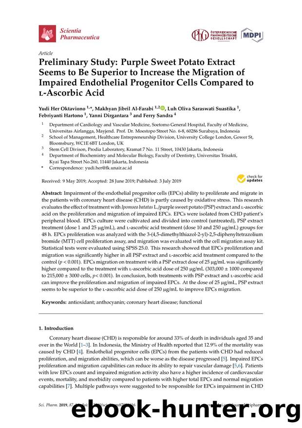 Preliminary Study: Purple Sweet Potato Extract Seems to Be Superior to Increase the Migration of Impaired Endothelial Progenitor Cells Compared to l-Ascorbic Acid by unknow