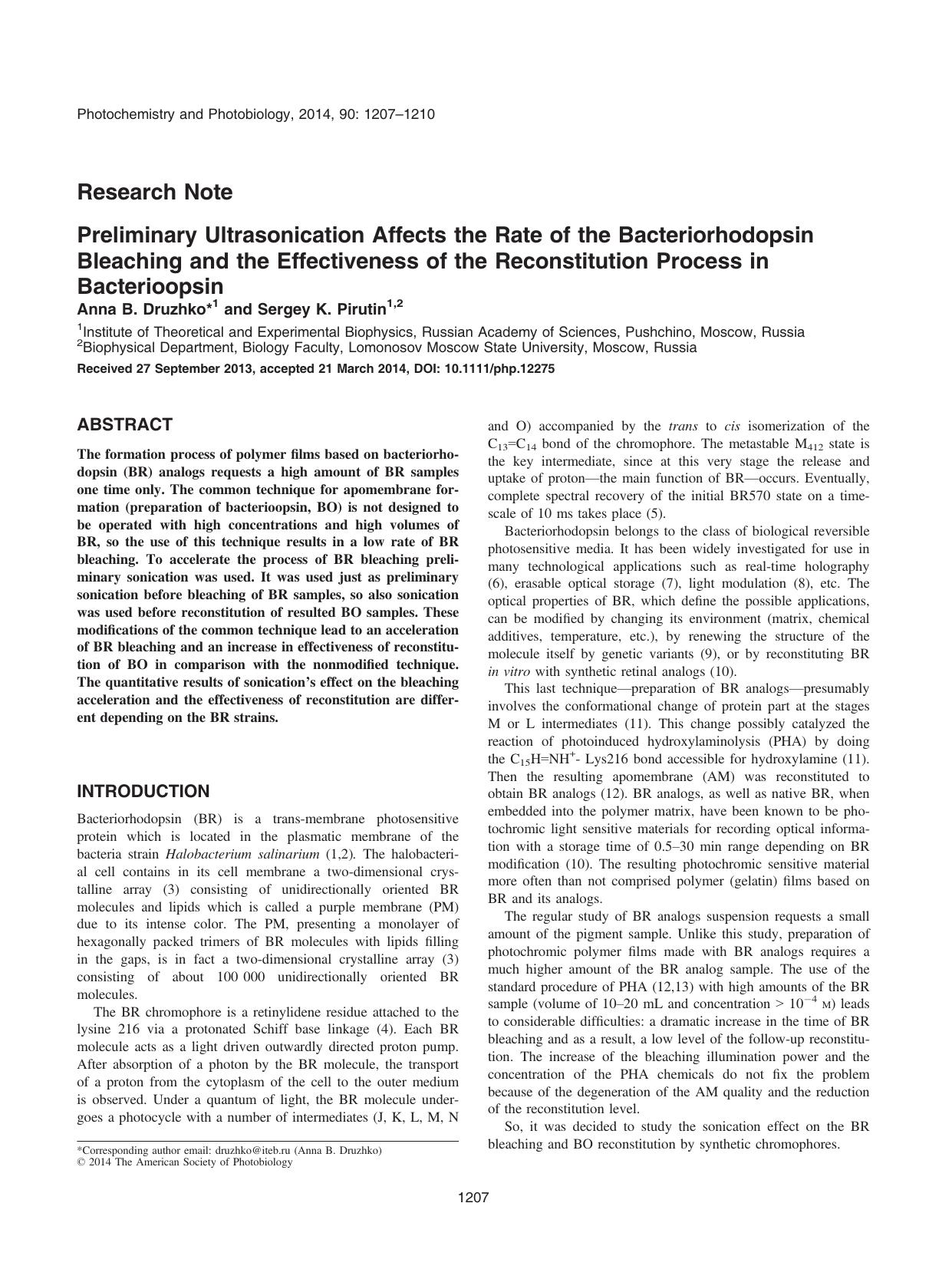 Preliminary Ultrasonication Affects the Rate of the Bacteriorhodopsin Bleaching and the Effectiveness of the Reconstitution Process in Bacterioopsin by Unknown