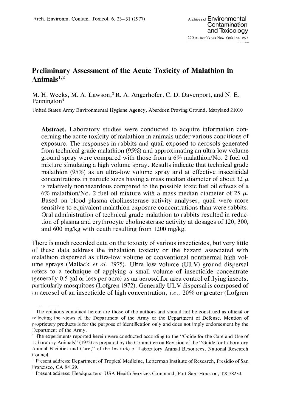 Preliminary assessment of the acute toxicity of malathion in animals by Unknown