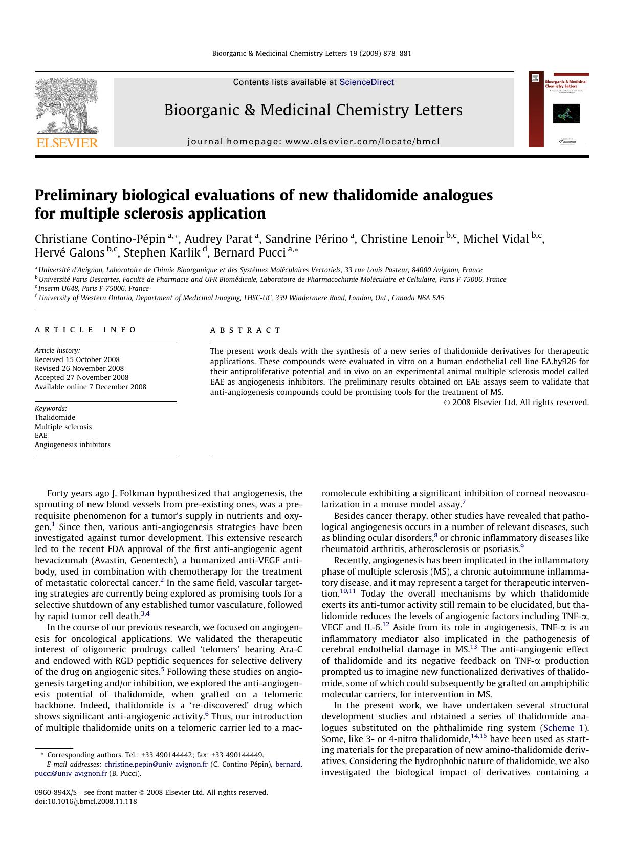 Preliminary biological evaluations of new thalidomide analogues for multiple sclerosis application by unknow