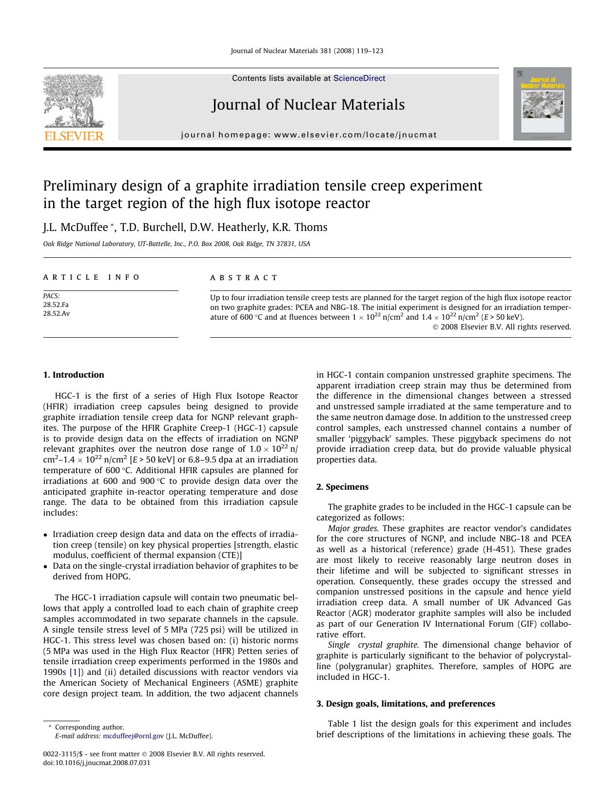 Preliminary design of a graphite irradiation tensile creep experiment in the target region of the high flux isotope reactor by J.L. McDuffee; T.D. Burchell; D.W. Heatherly; K.R. Thoms