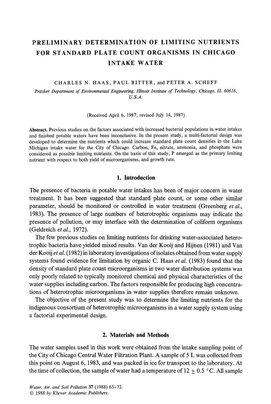 Preliminary determination of limiting nutrients for standard plate count organisms in Chicago intake water by Unknown