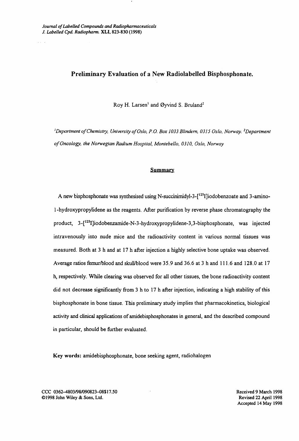 Preliminary evaluation of a new radiolabelled biphosphonate by Unknown