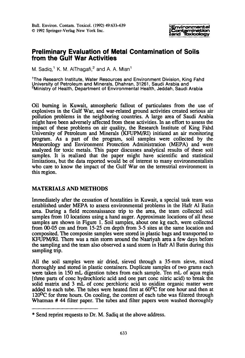 Preliminary evaluation of metal contamination of soils from the Gulf War activities by Unknown