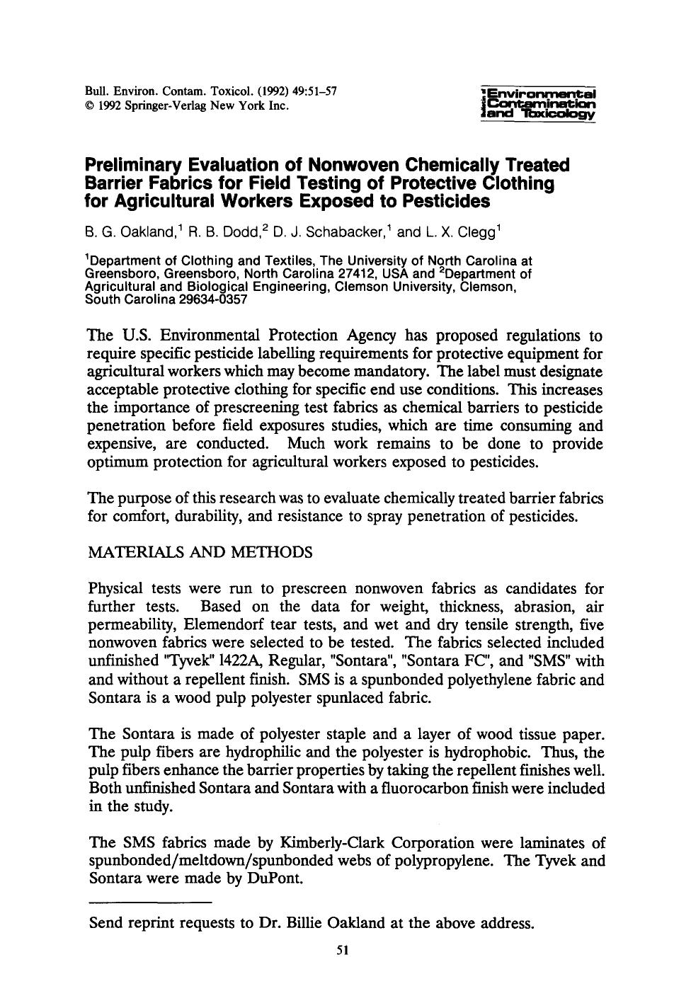 Preliminary evaluation of nonwoven chemically treated barrier fabrics for field testing of protective clothing for agricultural workers exposed to pesticides by Unknown