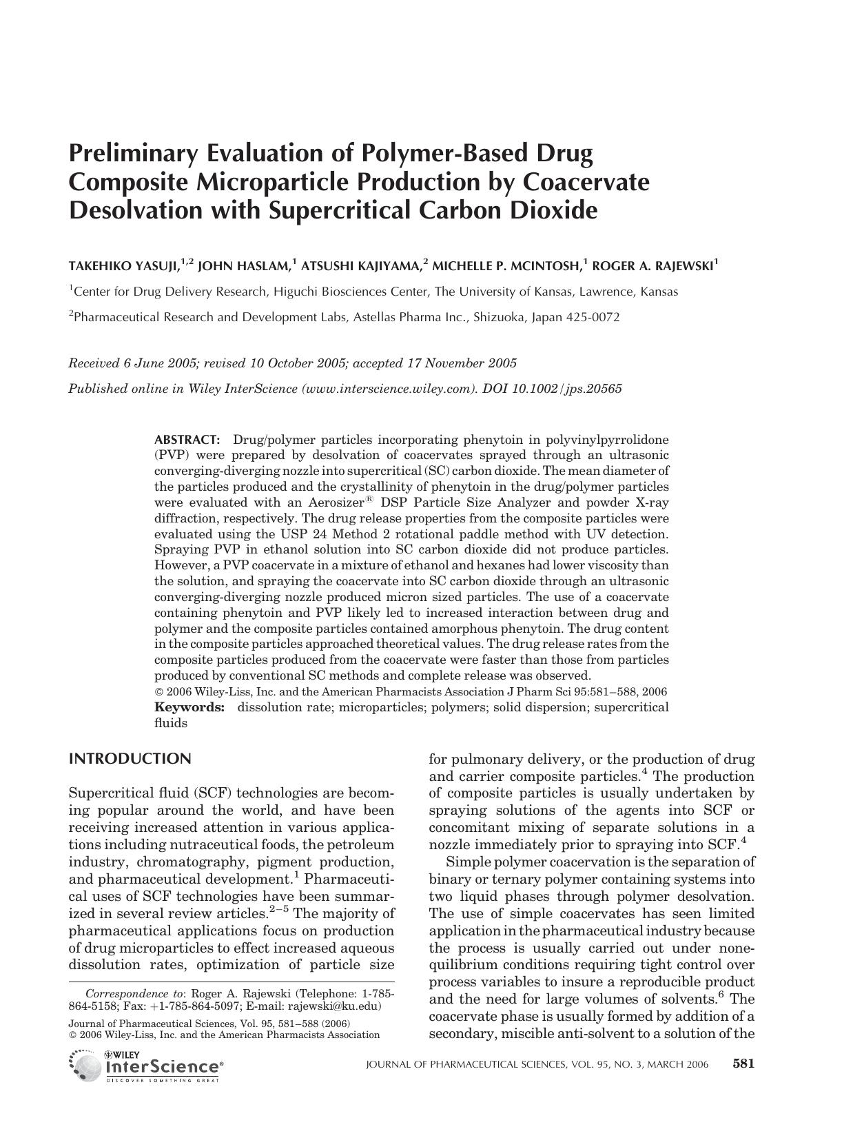 Preliminary evaluation of polymer-based drug composite microparticle production by coacervate desolvation with supercritical carbon dioxide by Unknown