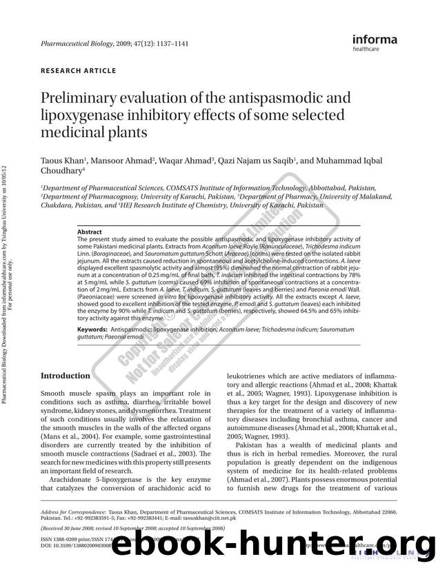 Preliminary evaluation of the antispasmodic and lipoxygenase inhibitory effects of some selected medicinal plants by Taous Khan Mansoor Ahmad Waqar Ahmad Qazi Najam us Saqib & Muhammad Iqbal Choudhary