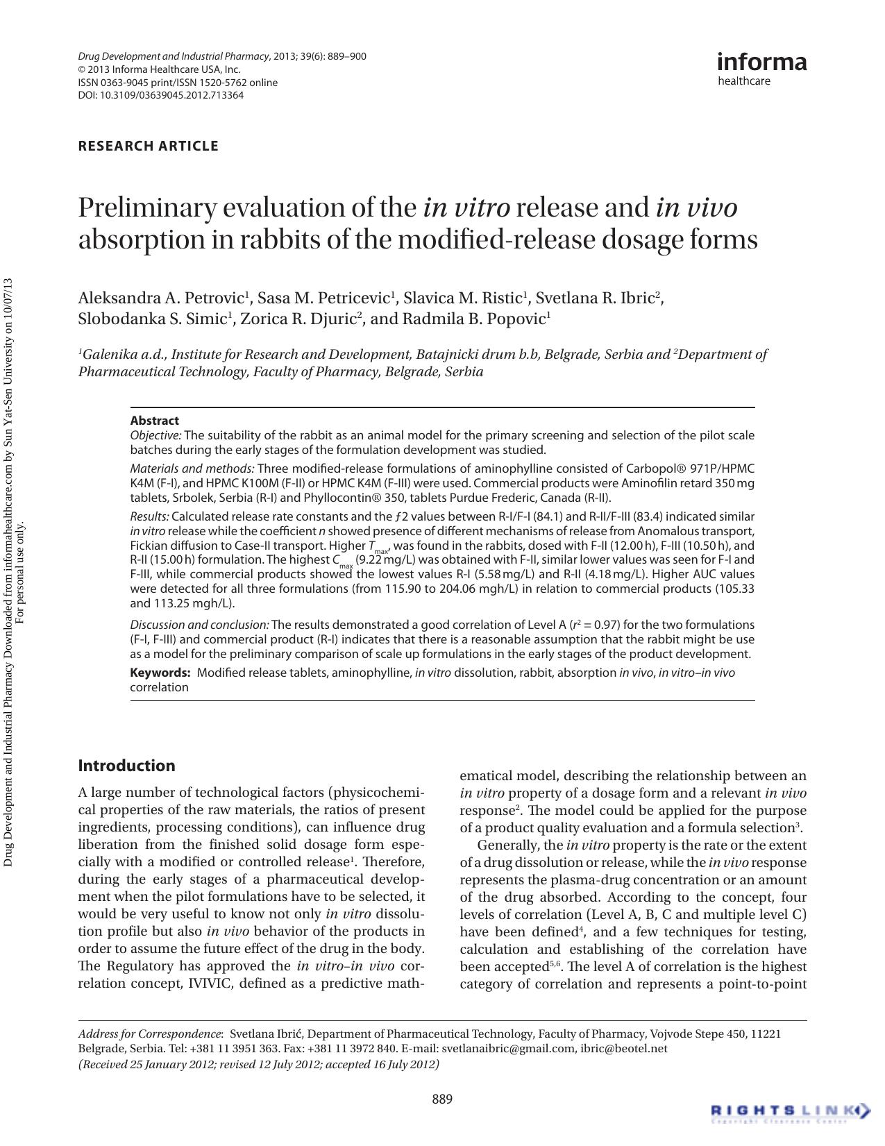 Preliminary evaluation of the in vitro release and in vivo absorption in rabbits of the modified-release dosage forms by unknow