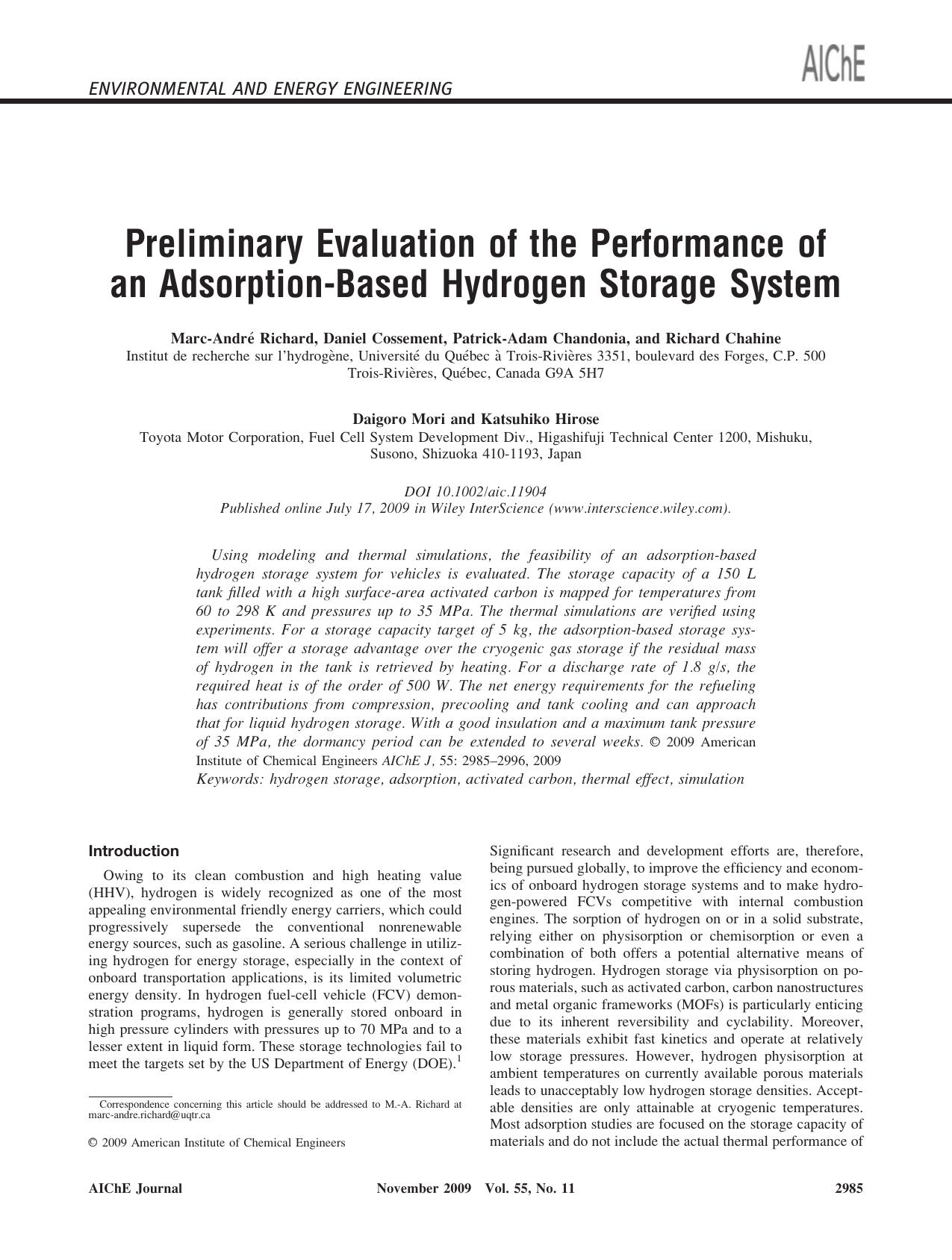 Preliminary evaluation of the performance of an adsorption-based hydrogen storage system by Unknown