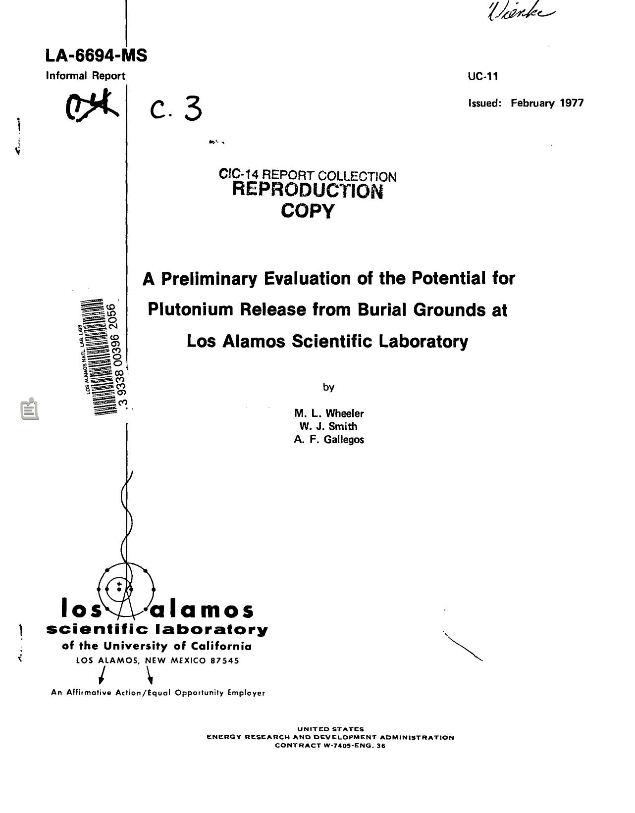 Preliminary evaluation of the potential for plutonium release from burial grounds at Los Alamos Scientific Laboratory None by LANL Research Library LWW Project