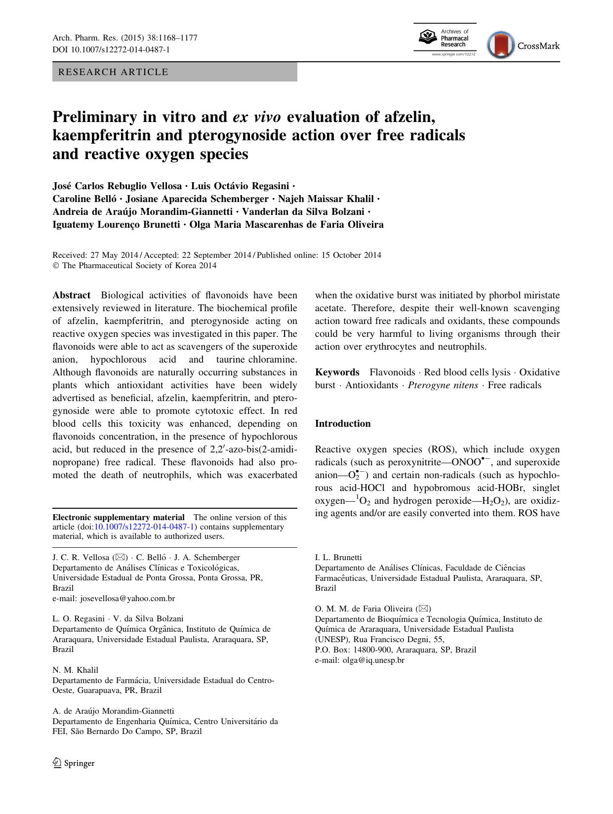 Preliminary in vitro and ex vivo evaluation of afzelin, kaempferitrin and pterogynoside action over free radicals and reactive oxygen species by unknow