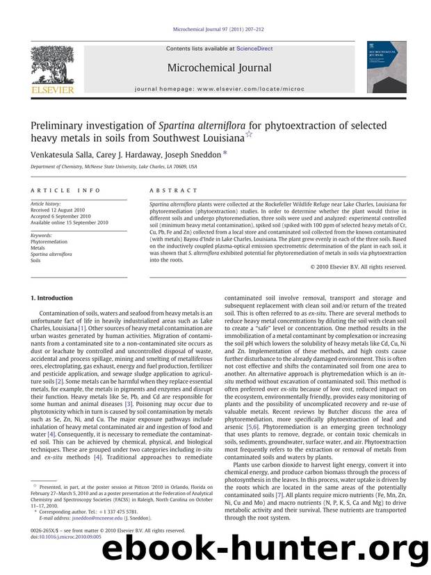 Preliminary investigation of Spartina alterniflora for phytoextraction of selected heavy metals in soils from Southwest Louisiana by Venkatesula Salla & Carey J. Hardaway & Joseph Sneddon