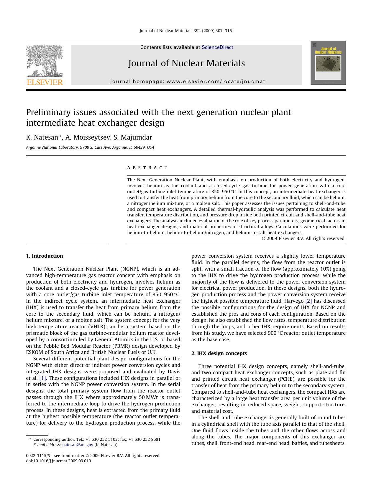 Preliminary issues associated with the next generation nuclear plant intermediate heat exchanger design by K. Natesan; A. Moisseytsev; S. Majumdar