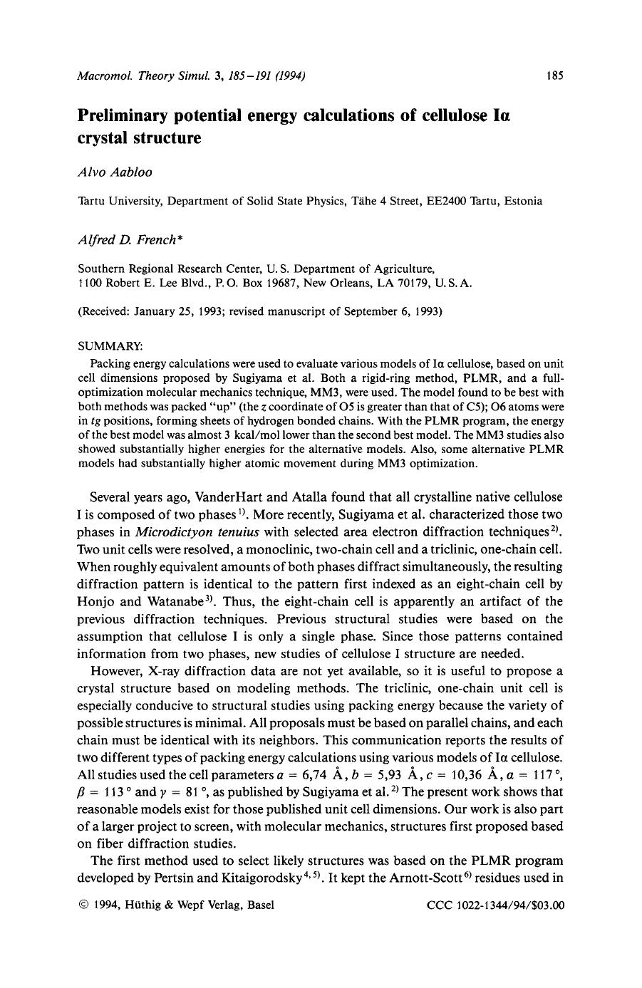 Preliminary potential energy calculations of cellulose i[alpha] crystal structure by Unknown