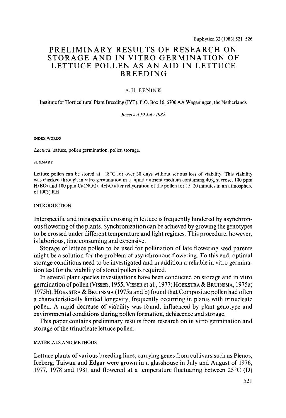 Preliminary results of research on storage and in vitro germination of lettuce pollen as an aid in lettuce breeding by Unknown