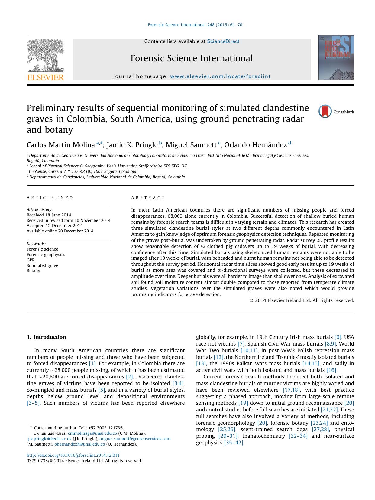 Preliminary results of sequential monitoring of simulated clandestine graves in Colombia, South America, using ground penetrating radar and botany by Carlos Martin Molina & Jamie K. Pringle & Miguel Saumett & Orlando Hernández