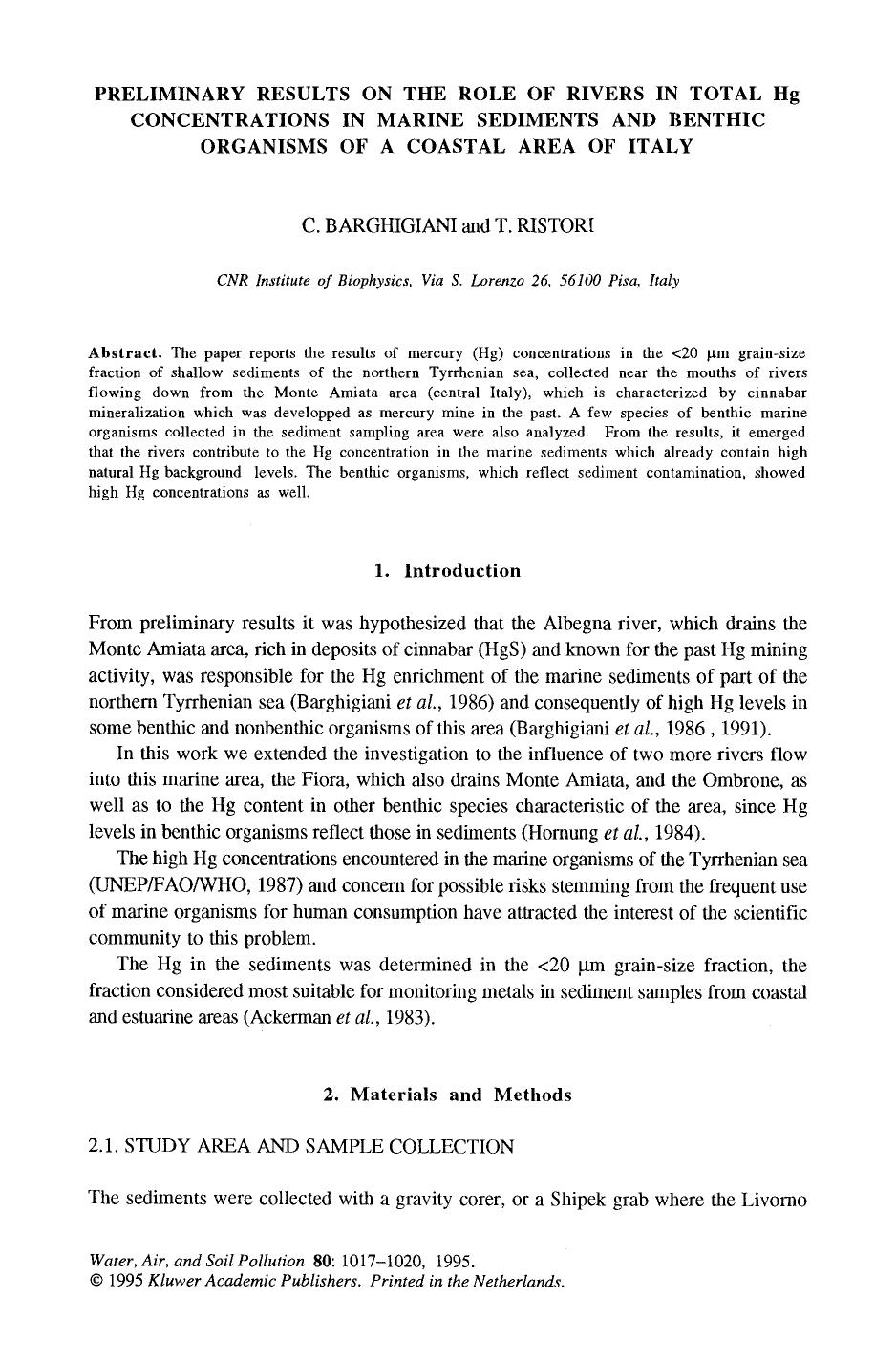 Preliminary results on the role of rivers in total Hg concentrations in marine sediments and benthic organisms of a coastal area of Italy by Unknown