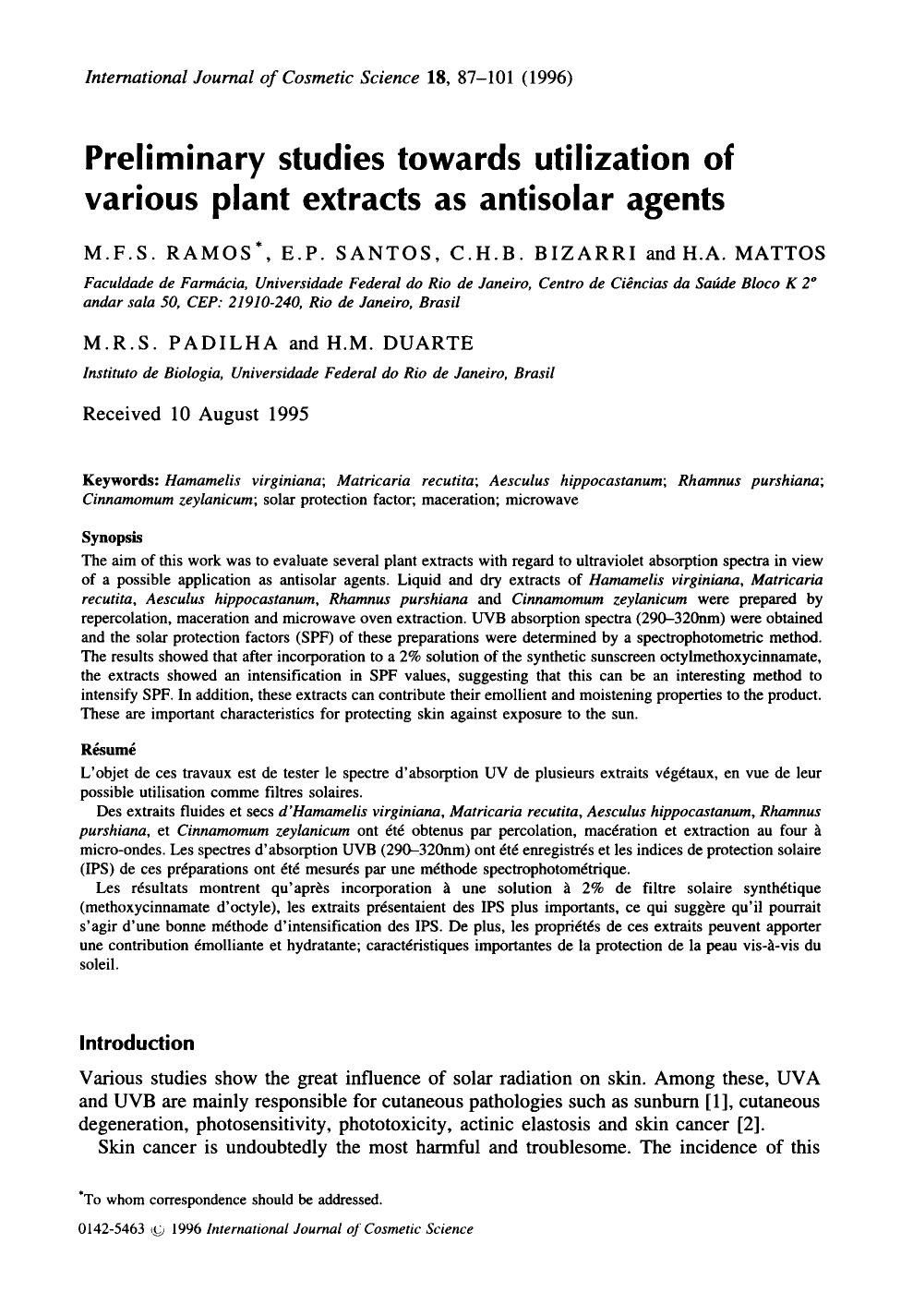 Preliminary studies towards utilization of various plant extracts as antisolar agents by Unknown