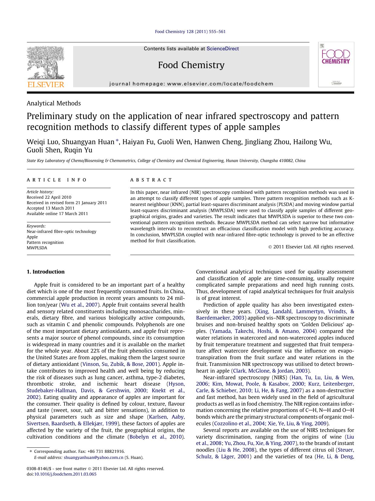 Preliminary study on the application of near infrared spectroscopy and pattern recognition methods to classify different types of apple samples by unknow