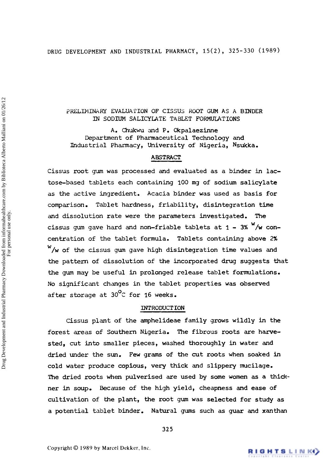 Prelimnaky Evaluation of Cissus Root Gum as a Binder in Sodium Salicylate Tablet Formulations by A. Chukwu & P. Okpalaezinne