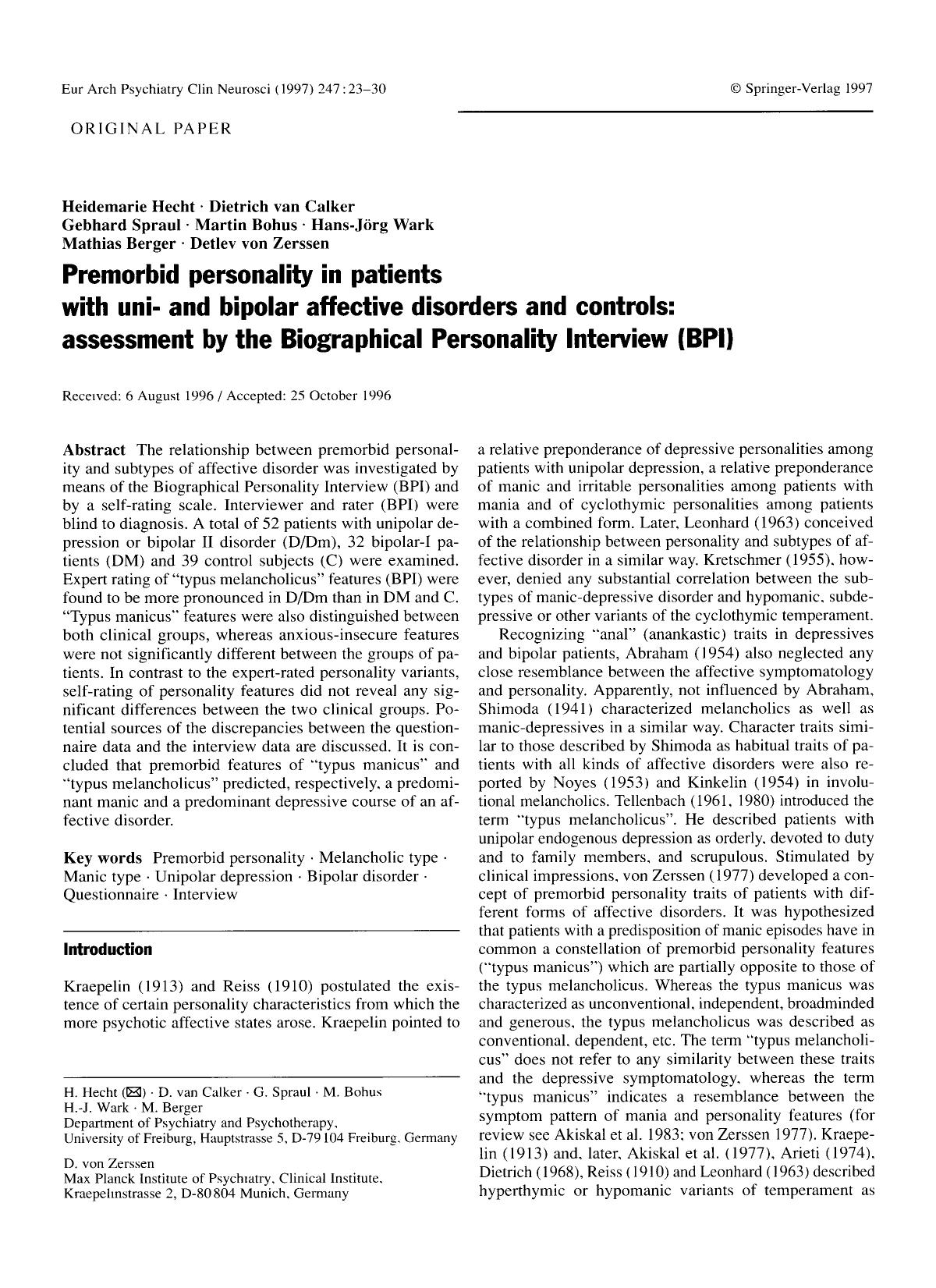 Premorbid personality in patients with uni- and bipolar affective disorders and controls: assessment by the Biographical Personality Interview (BPI) by Unknown