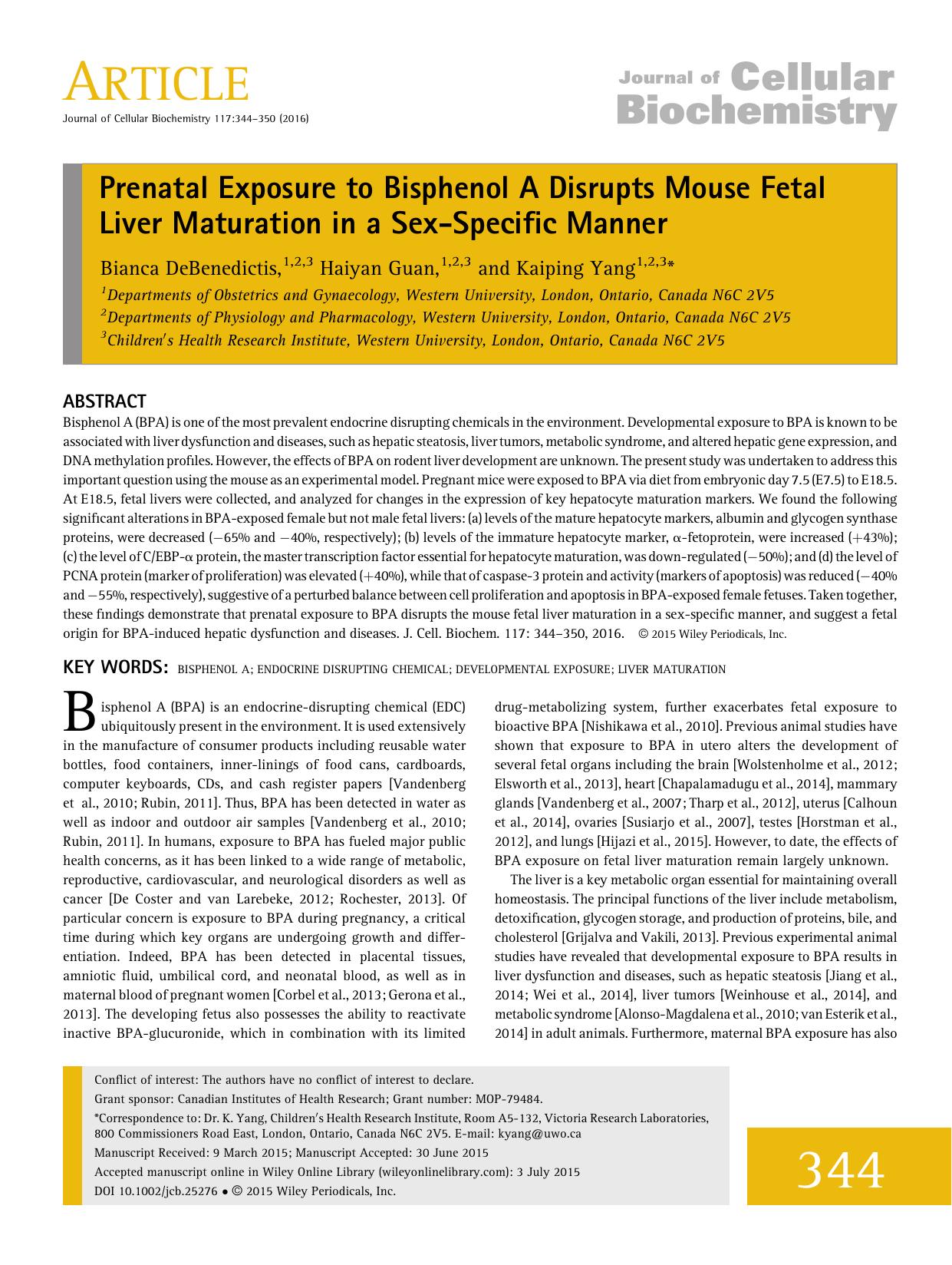Prenatal Exposure to Bisphenol A Disrupts Mouse Fetal Liver Maturation in a Sex-Specific Manner by Unknown