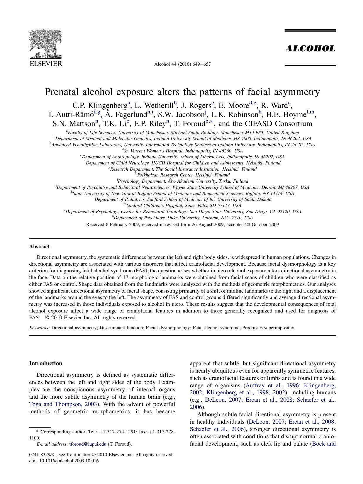 Prenatal alcohol exposure alters the patterns of facial asymmetry by unknow