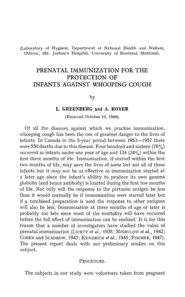 Prenatal immunization for the protection of infants against whooping cough by Unknown