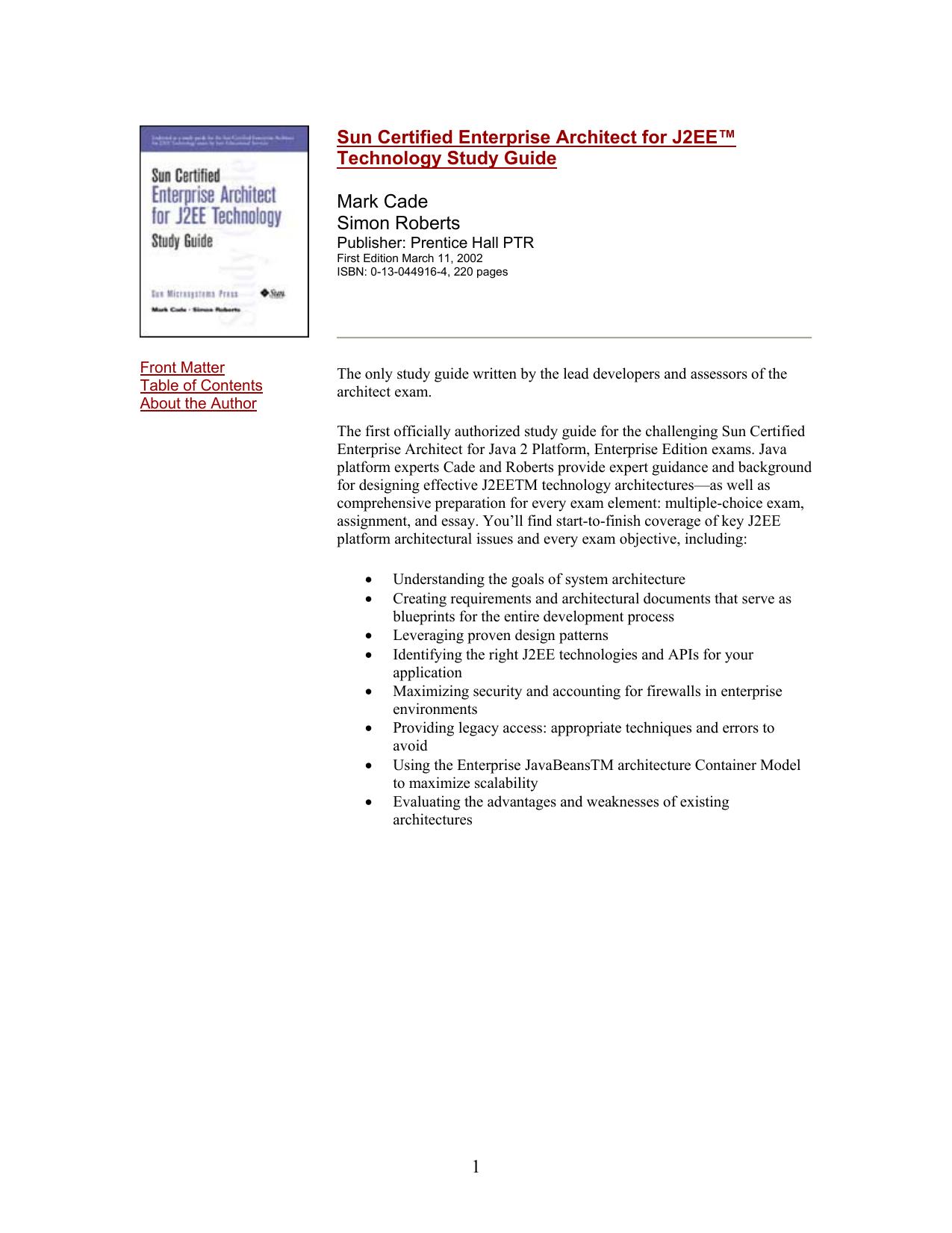 Prentice Hall Sun Certified Enterprise Architect For j2Ee Technology Study Guide by Simon Wong
