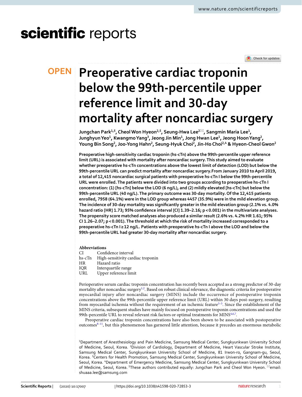 Preoperative cardiac troponin below the 99th-percentile upper reference limit and 30-day mortality after noncardiac surgery by unknow