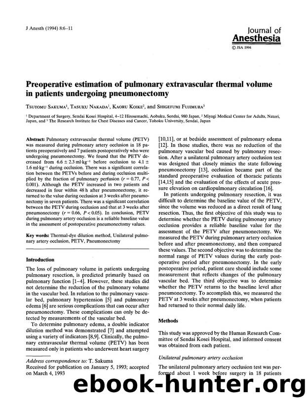 Preoperative estimation of pulmonary extravascular thermal volume in patients undergoing pneumonectomy by Unknown